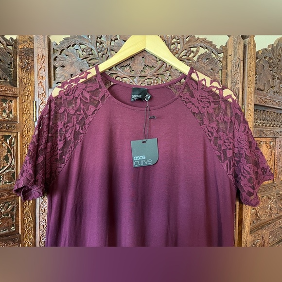 ASOS Curve purpleish maroon A line dress with lace shoulders NWT - Picture 2 of 9